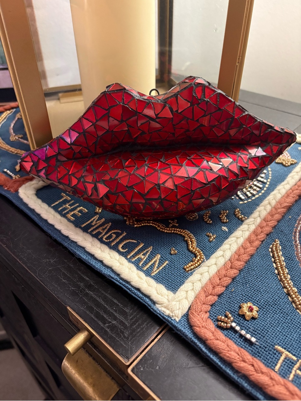 Red Mosaic Lip-Shaped Sculpture